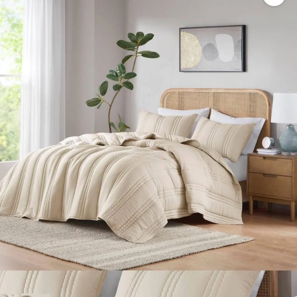 NEW Urban Habitat Full/Queen Gauze Quilted Elegant Cream Bedding Set 3 pc set